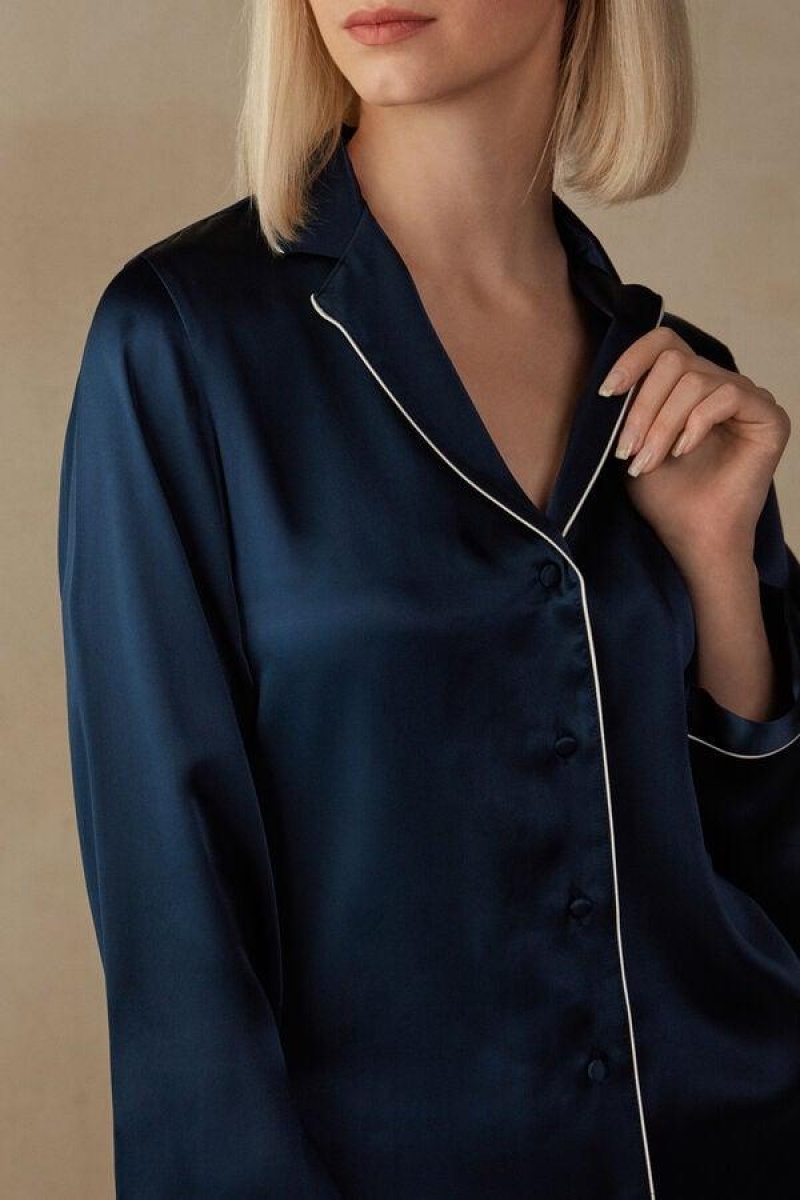 Intimissimi Mannish-Cut Jacket in Silk Satin Pyjamas Dame Blå | NOUT4037