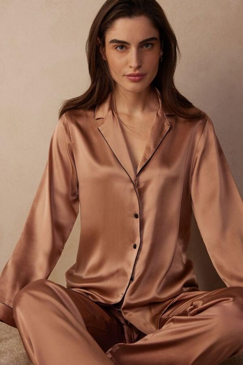 Intimissimi Mannish-Cut Jacket in Silk Satin Pyjamas Dame Rosa | NOPQ4034