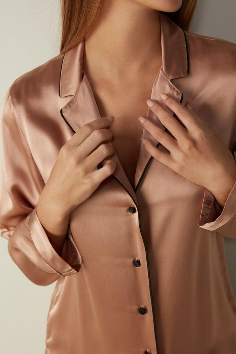 Intimissimi Mannish-Cut Jacket in Silk Satin Pyjamas Dame Rosa | NOPQ4034