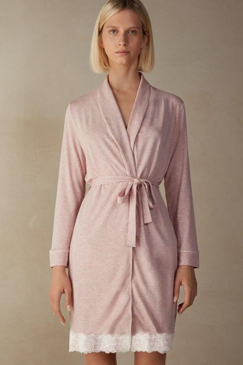 Intimissimi Modal Blonder Detail Robe Pyjamas Dame Lyse Rosa | NOIS3853