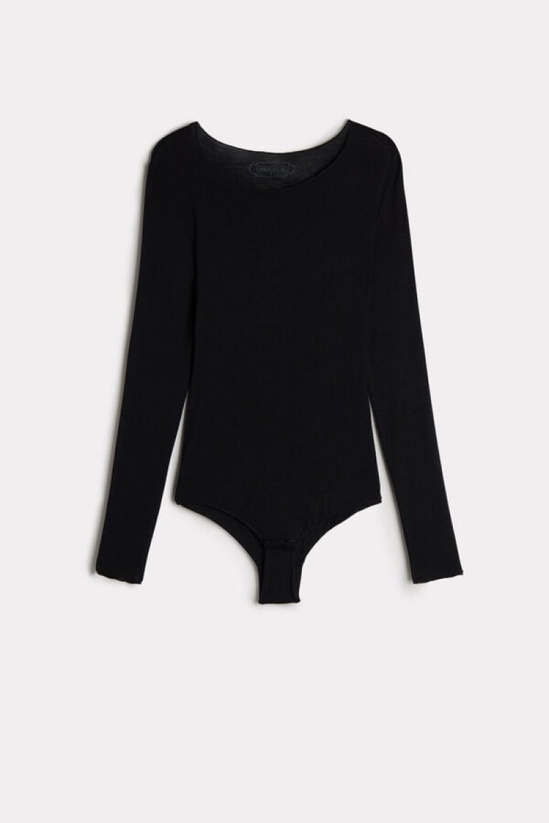 Intimissimi Modal and Cashmere Long-Sleeve Body Dame Svarte | NODN4413