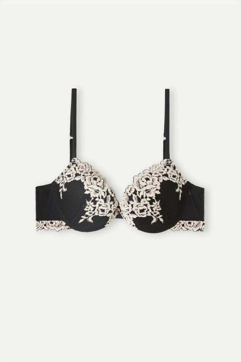 Intimissimi Pretty Flowers Bellissima Push-up BH Dame Svarte Hvite | NOPQ4762