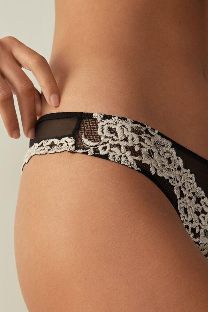 Intimissimi Pretty Flowers Brazilian Truser Dame Svarte Hvite | NOBC3499