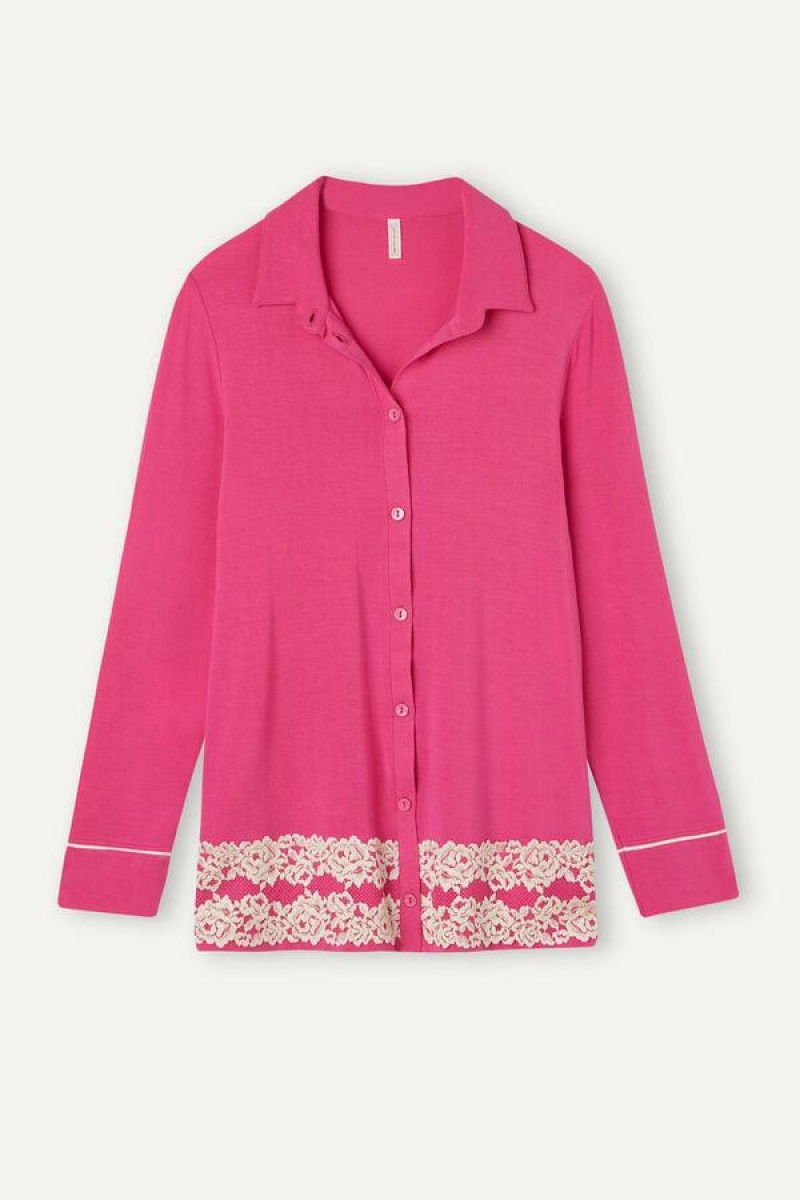 Intimissimi Pretty Flowers Button Up Shirt in Modal Pyjamas Dame Rosa Hvite | NOQZ3912