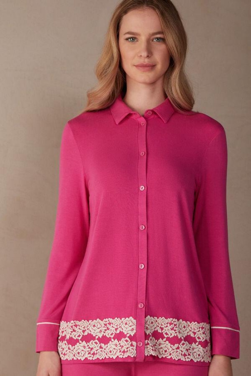 Intimissimi Pretty Flowers Button Up Shirt in Modal Pyjamas Dame Rosa Hvite | NOQZ3912