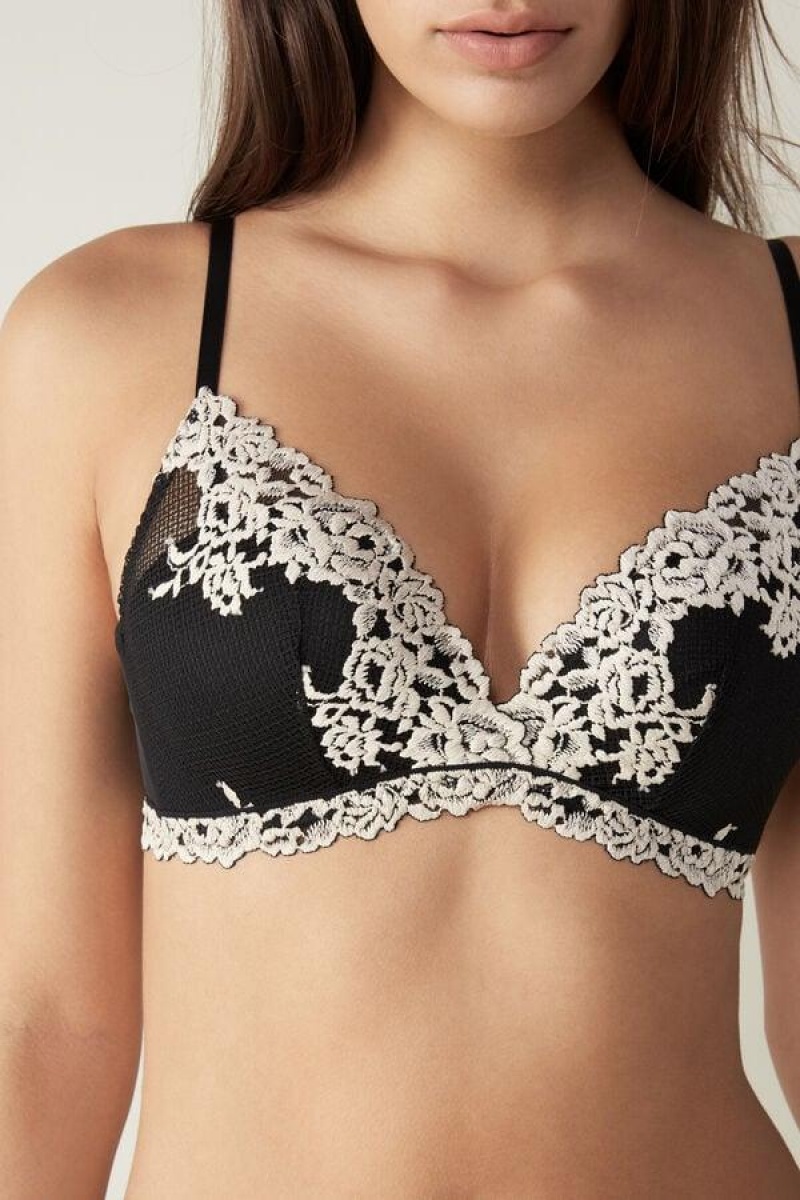 Intimissimi Pretty Flowers Fabiola Push-up BH Dame Svarte Hvite | NOSO4733