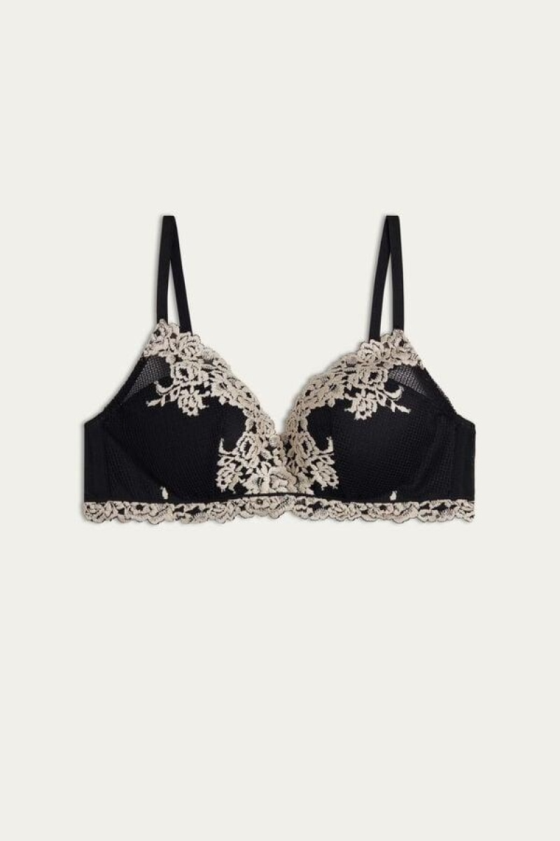 Intimissimi Pretty Flowers Fabiola Push-up BH Dame Svarte Hvite | NOSO4733