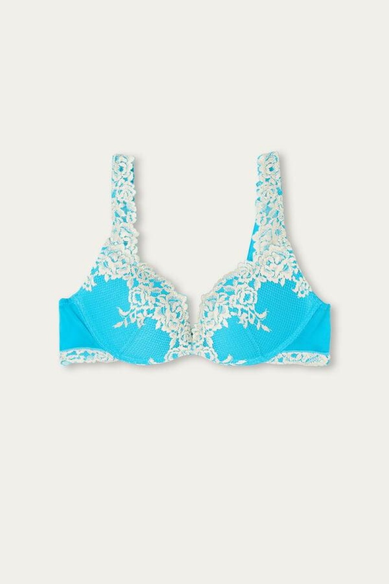 Intimissimi Pretty Flowers Gioia Super Push-up BH Dame Turkis Hvite | NOAP4779