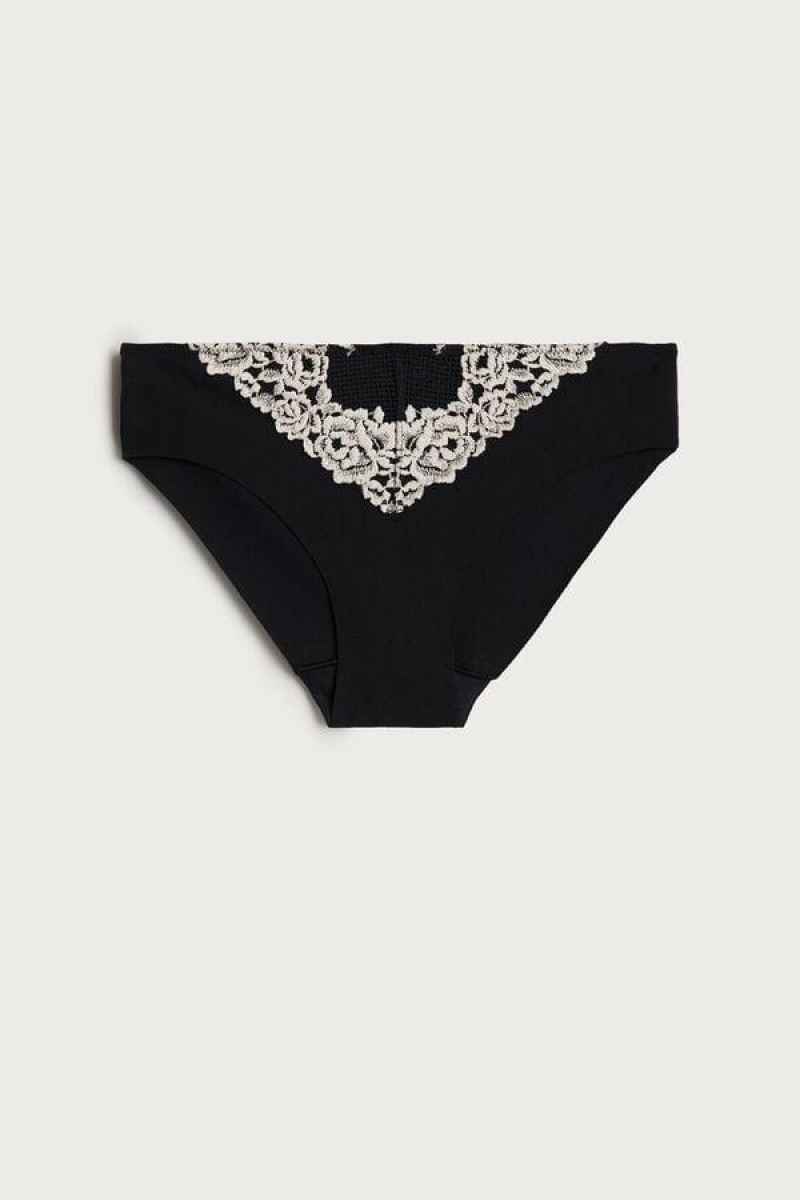 Intimissimi Pretty Flowers Seamless Bomull Truser Dame Svarte Hvite | NOAP3642