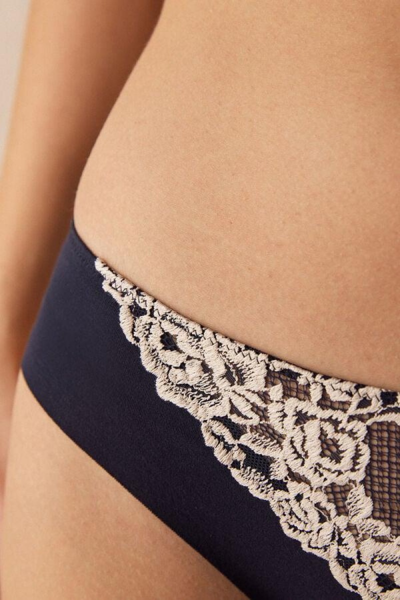 Intimissimi Pretty Flowers Seamless Bomull Truser Dame Dyp Blå Lyse Gul | NODN3640