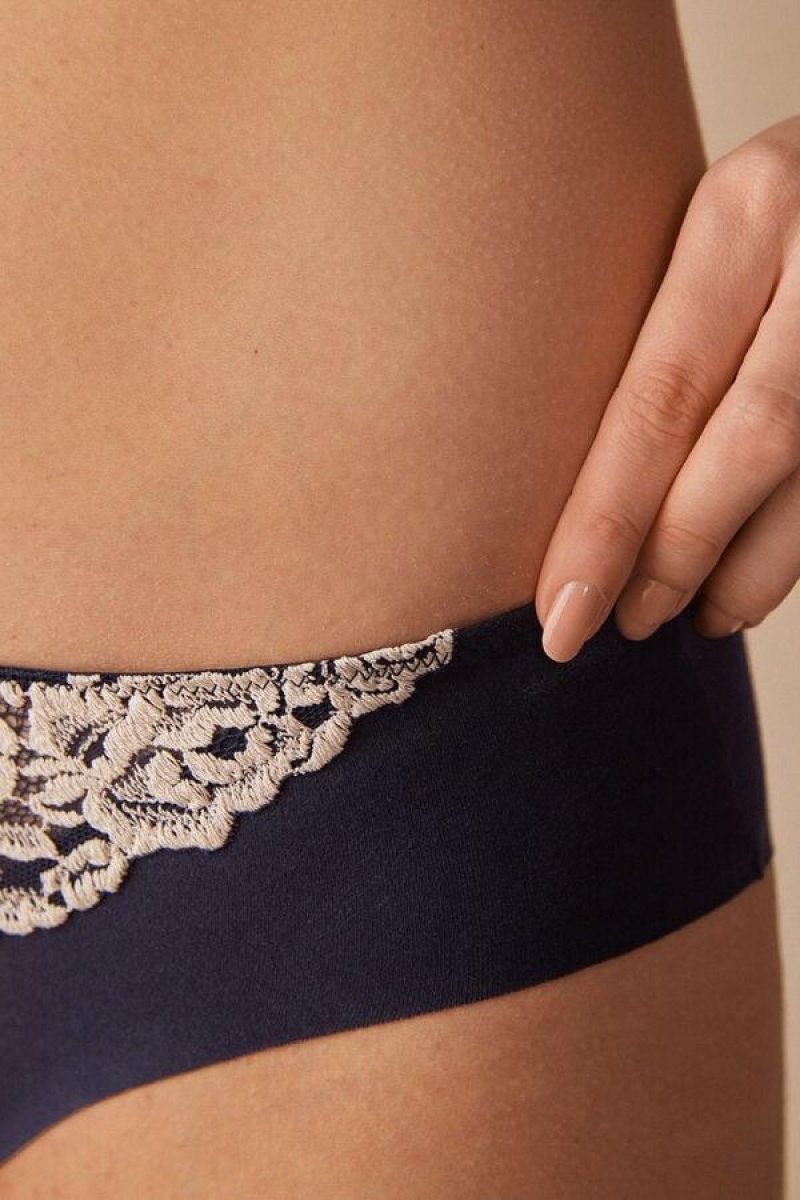 Intimissimi Pretty Flowers Seamless Bomull Truser Dame Dyp Blå Lyse Gul | NODN3640