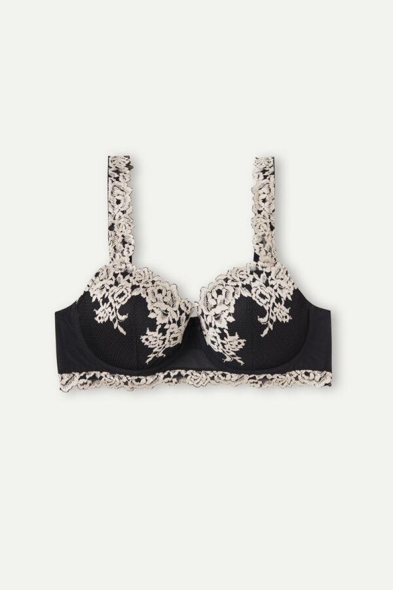 Intimissimi Pretty Flowers Sofia Balconette BH Dame Svarte Hvite | NOLH4492