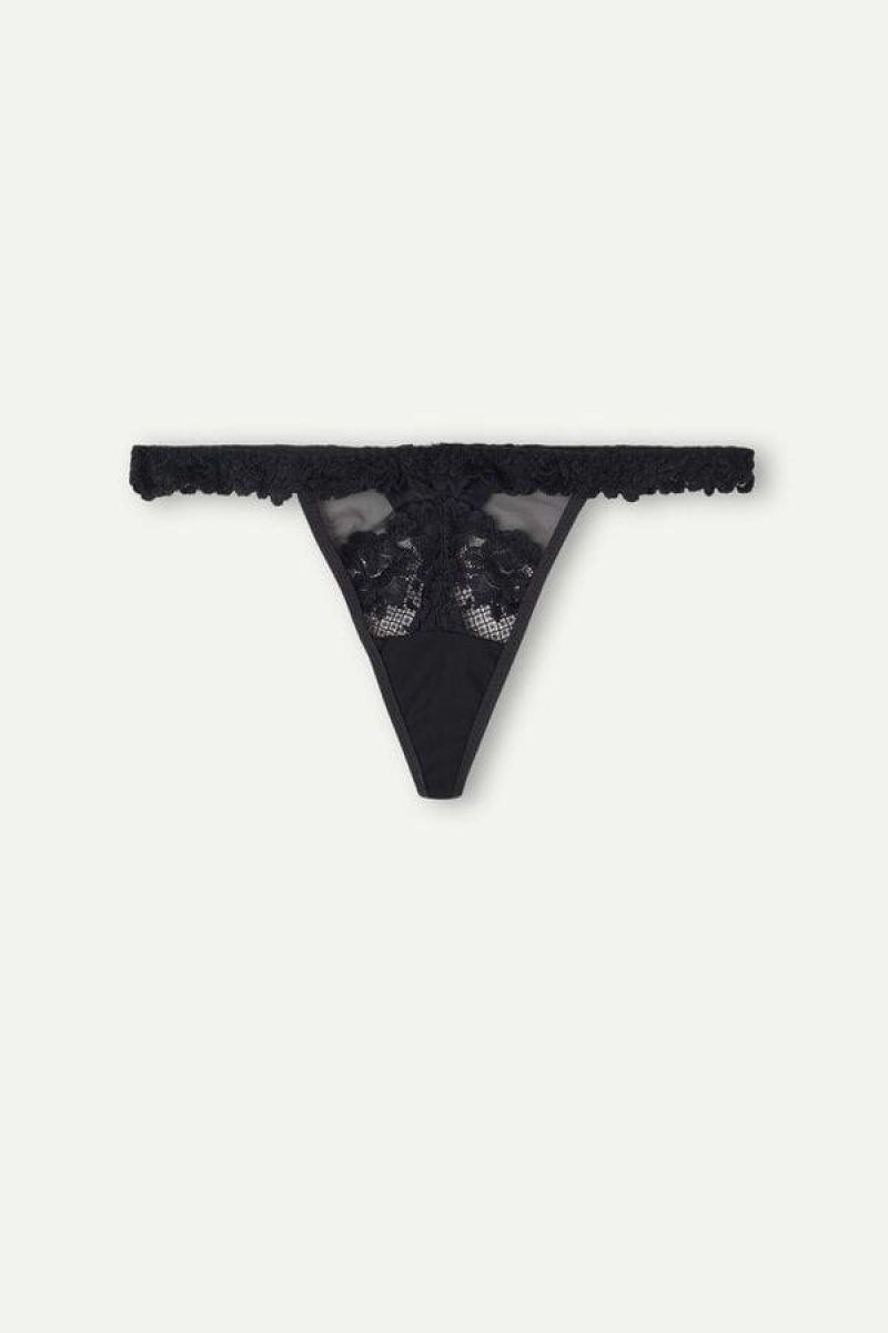 Intimissimi Pretty Flowers String Thong Truser Dame Svarte | NODN3771