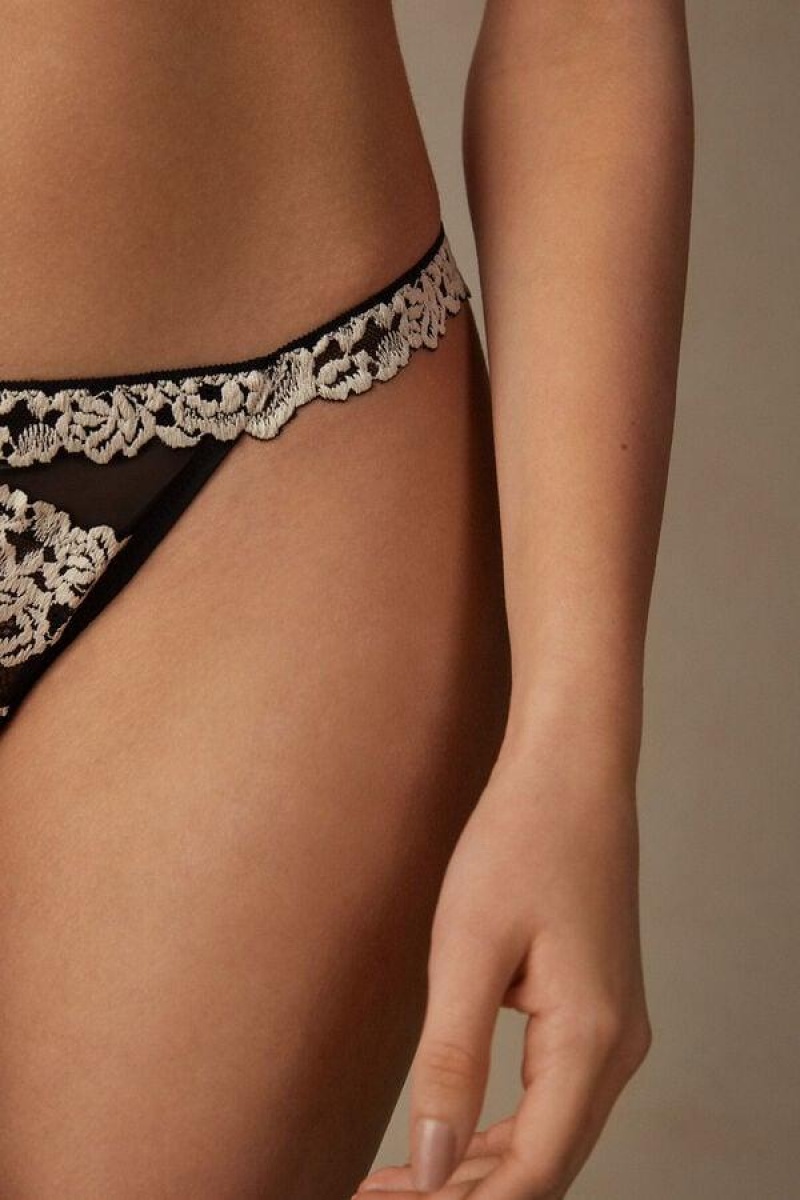 Intimissimi Pretty Flowers String Thong Truser Dame Svarte Hvite | NOVD3760