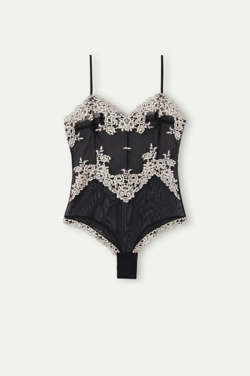 Intimissimi Pretty Flowers Tulle and Blonder Body Dame Svarte Hvite | NOSO4188