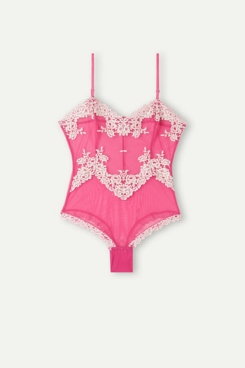 Intimissimi Pretty Flowers Tulle and Blonder Body Dame Rosa Hvite | NOCE4177