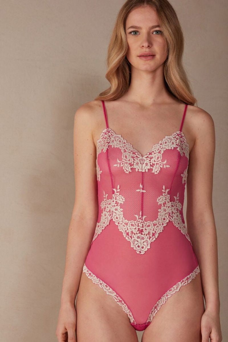 Intimissimi Pretty Flowers Tulle and Blonder Body Dame Rosa Hvite | NOCE4177