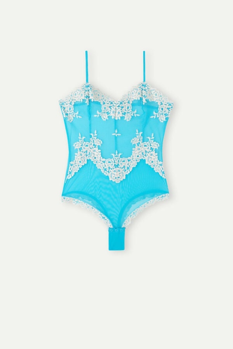 Intimissimi Pretty Flowers Tulle and Blonder Body Dame Turkis Hvite | NOBC4175