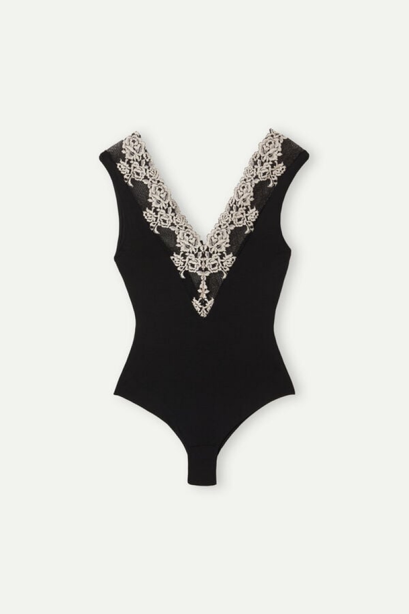 Intimissimi Pretty Flowers V-neck Body Dame Svarte Hvite | NOTV4403