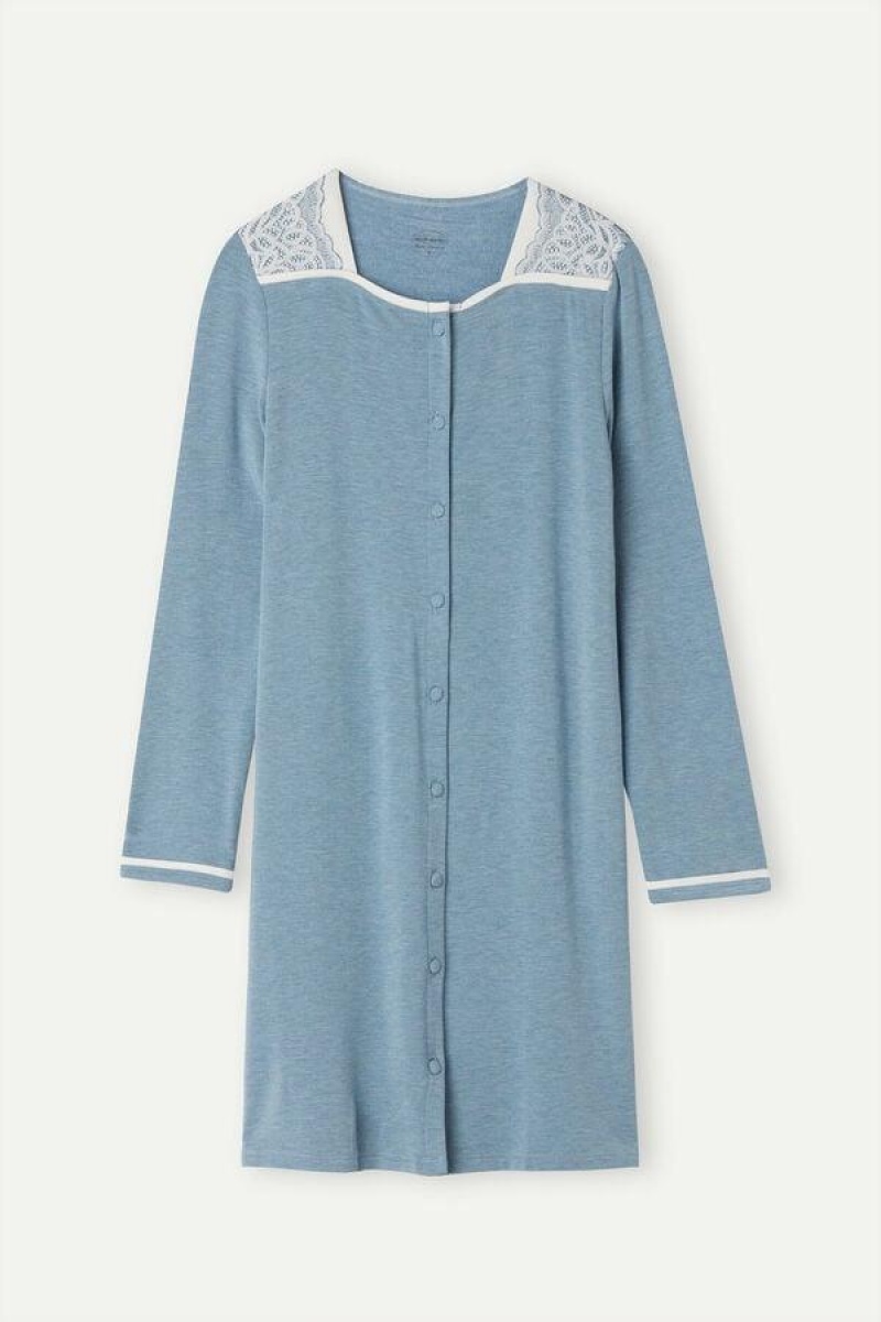 Intimissimi Romantic Bedroom Button Up Night Shirt in Modal with Ull Pyjamas Dame Lyse Blå | NOMA3836