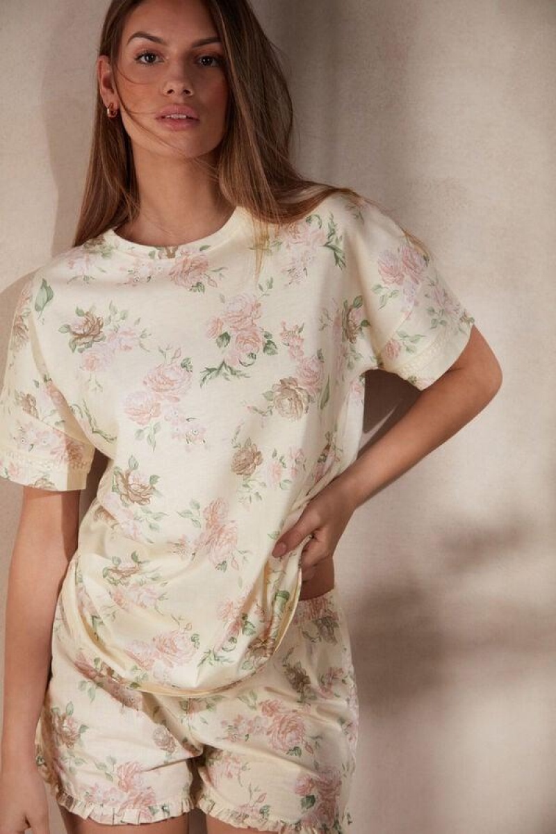 Intimissimi Scent of Roses Kort Sleeve Bomull T-shirt Pyjamas Dame Multicolor Hvite | NOPQ3955