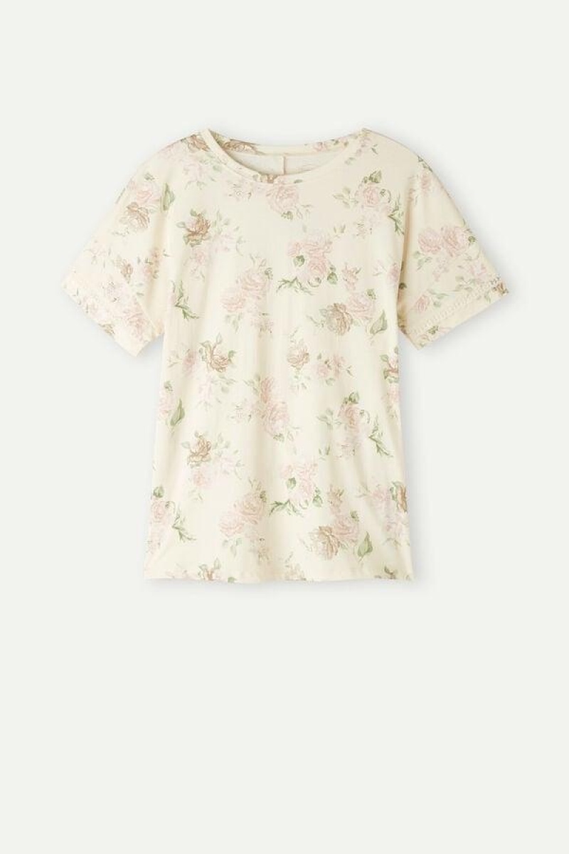 Intimissimi Scent of Roses Kort Sleeve Bomull T-shirt Pyjamas Dame Multicolor Hvite | NOPQ3955