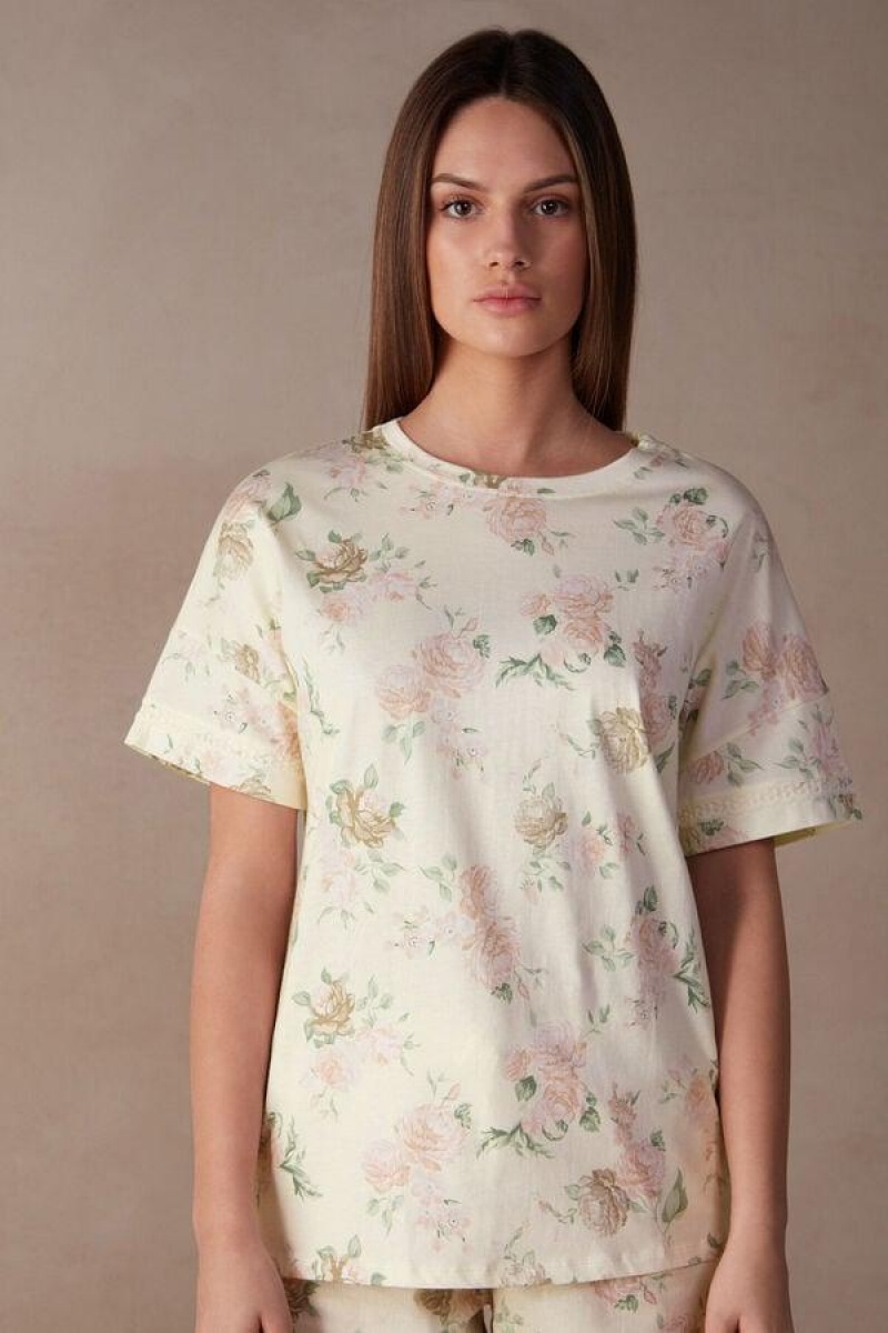 Intimissimi Scent of Roses Kort Sleeve Bomull T-shirt Pyjamas Dame Multicolor Hvite | NOPQ3955