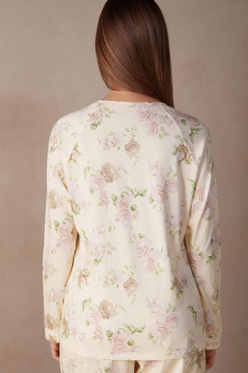 Intimissimi Scent of Roses Long Sleeve Bomull T-shirt Pyjamas Dame Multicolor Hvite | NOHK3923