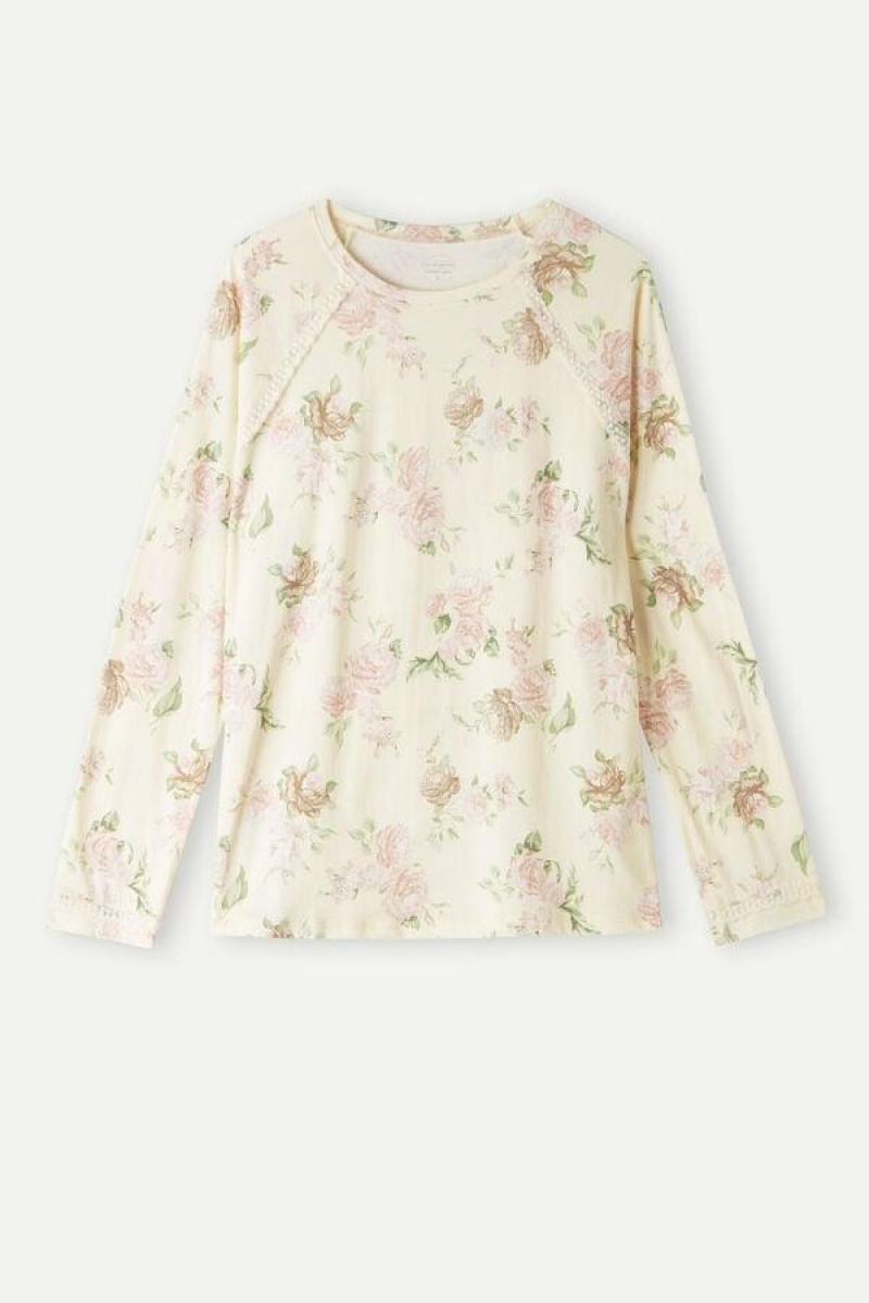 Intimissimi Scent of Roses Long Sleeve Bomull T-shirt Pyjamas Dame Multicolor Hvite | NOHK3923