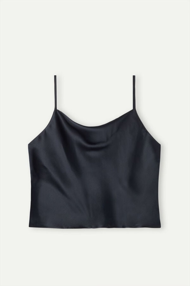 Intimissimi Silk Crop Camisole Tank Top Dame Svarte | NOWY4302