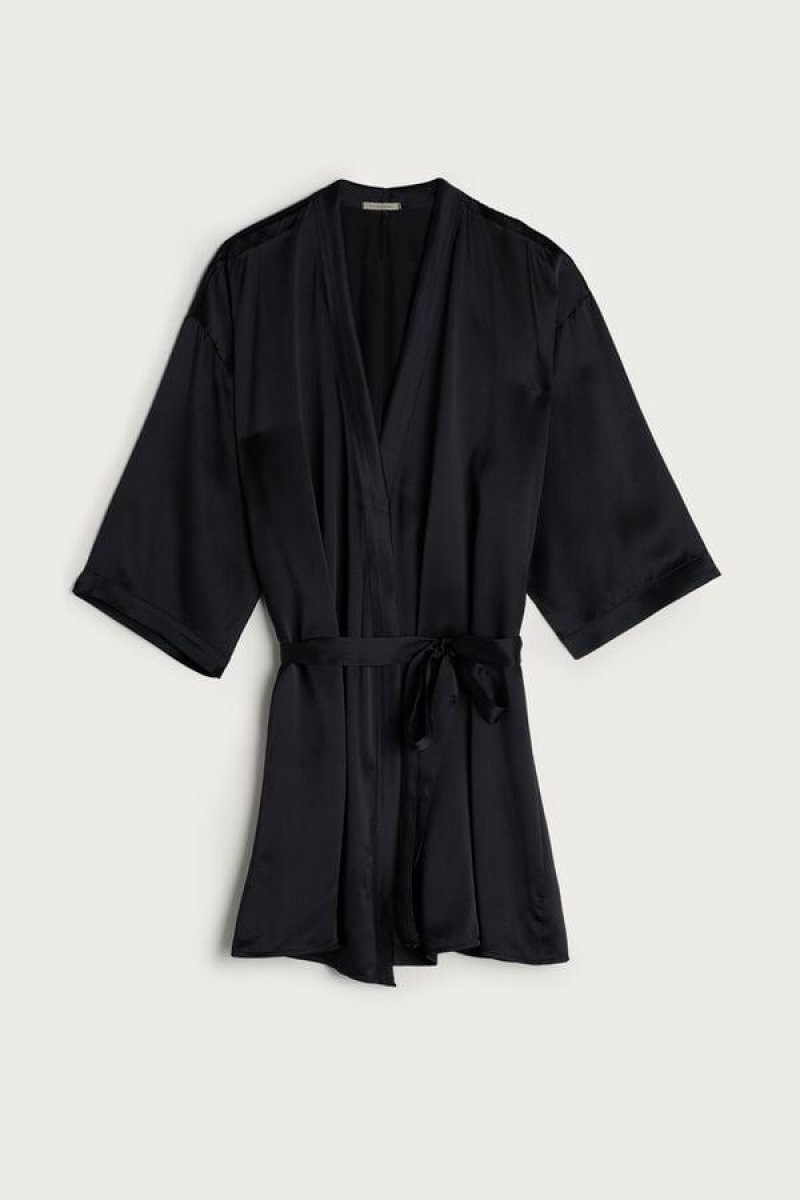 Intimissimi Silk Kimono Pyjamas Dame Svarte | NOPQ3844