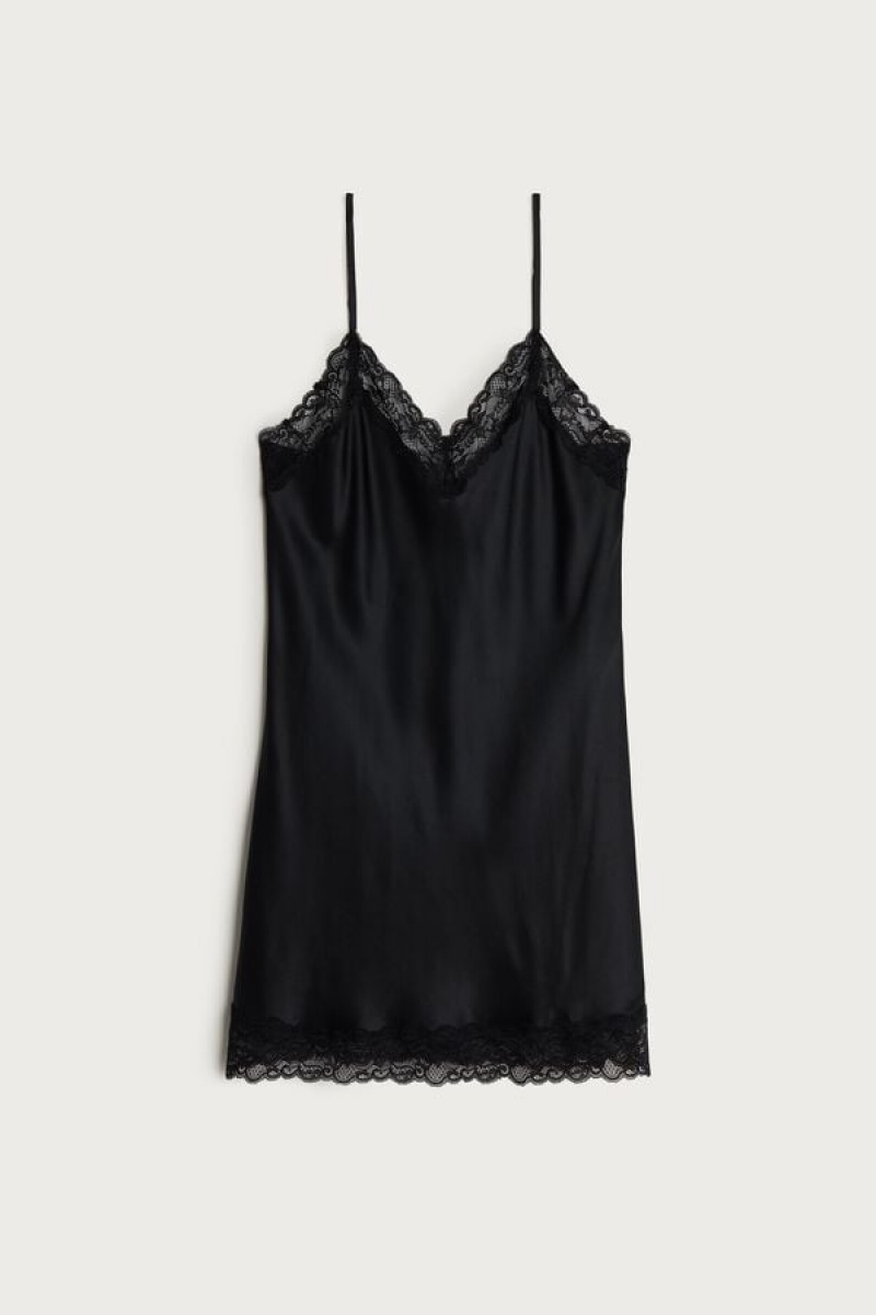 Intimissimi Silk Slip with Blonder Insert Detail Dameundertøy Dame Svarte | NOEX4145