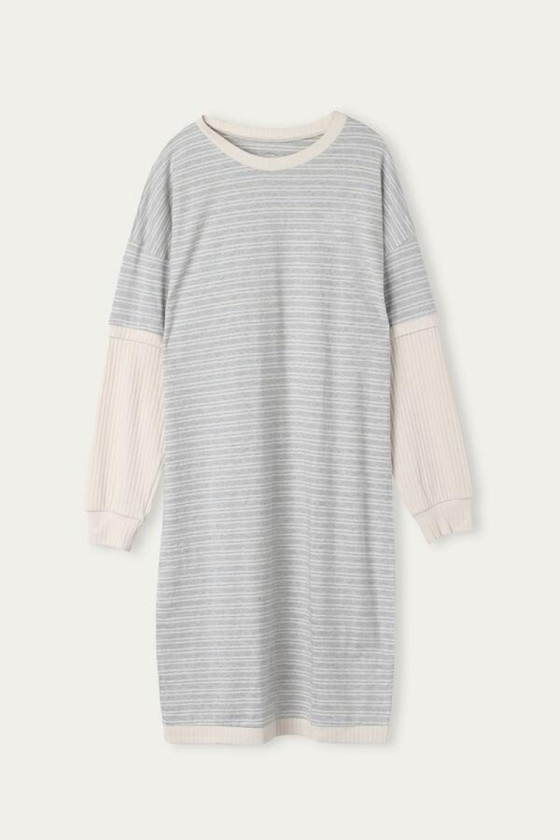 Intimissimi Vanlige Sunday Long Sleeve Nightshirt Pyjamas Dame Grå Lyse Gul Beige | NOGL3839