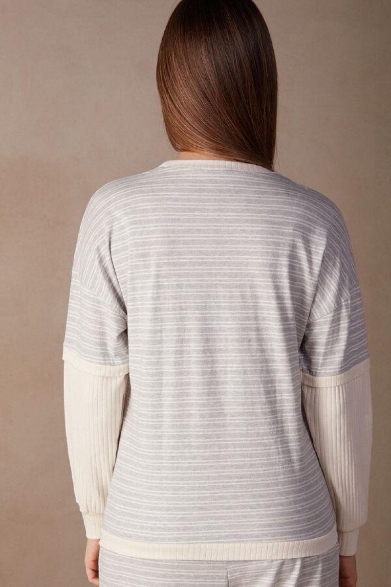 Intimissimi Vanlige Sunday Long Sleeve Top Pyjamas Dame Grå Lyse Gul Beige | NOXF3918