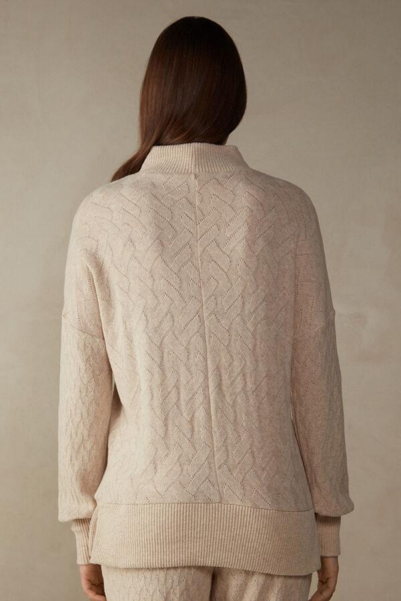 Intimissimi Vinter Braid Long Sleeve Jacquard Top Pyjamas Dame Beige | NODN3893