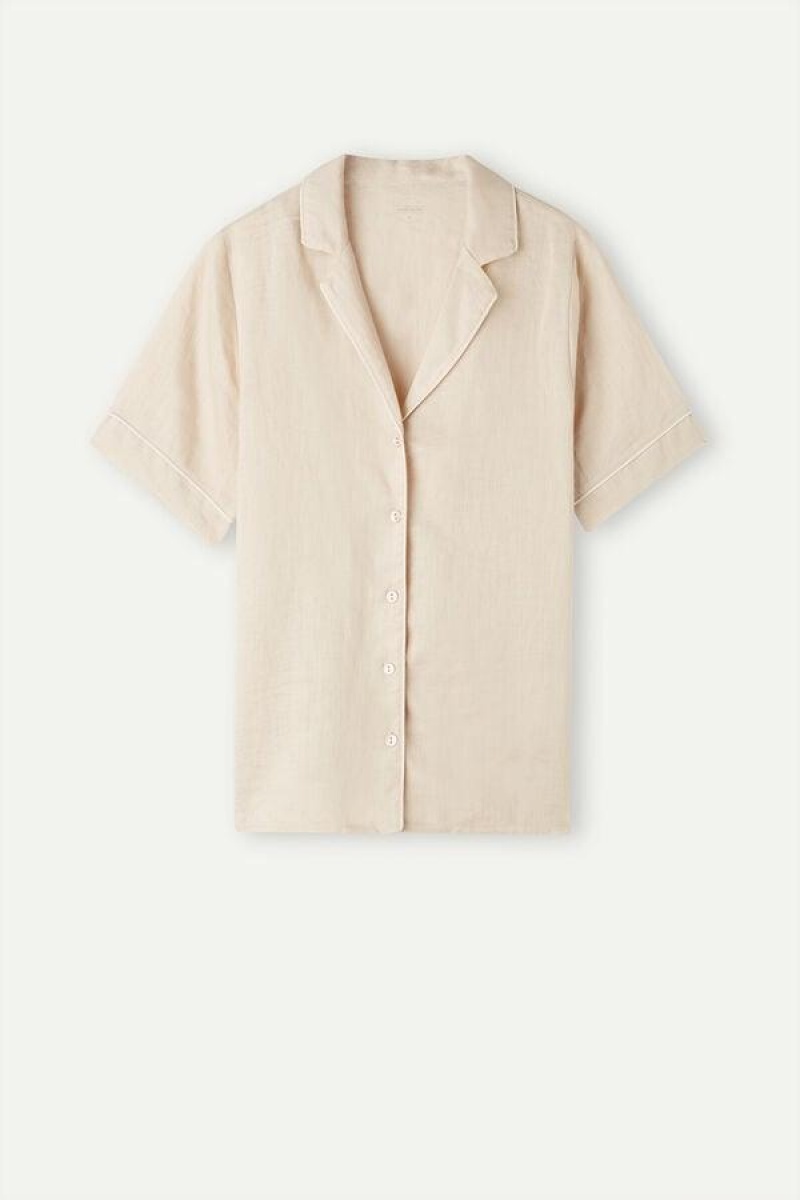 Intimissimi Yacht Night Linen Kort Sleeve Shirt Pyjamas Dame Beige | NOMA3965