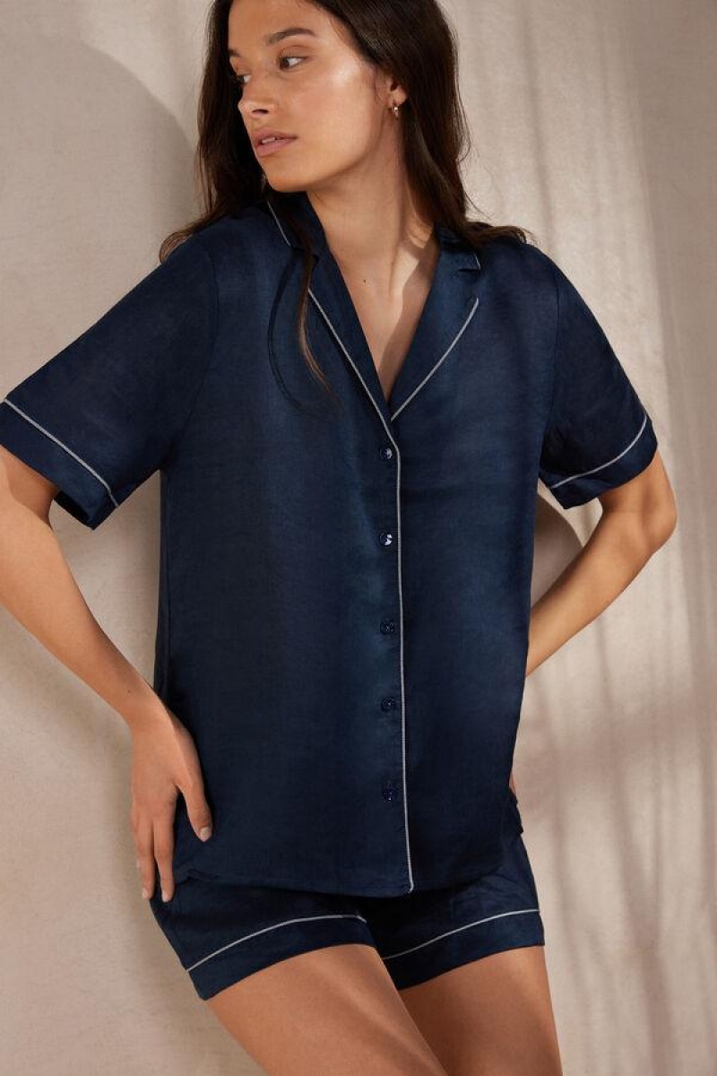 Intimissimi Yacht Night Linen Kort Sleeve Shirt Pyjamas Dame Blå | NOQZ3964